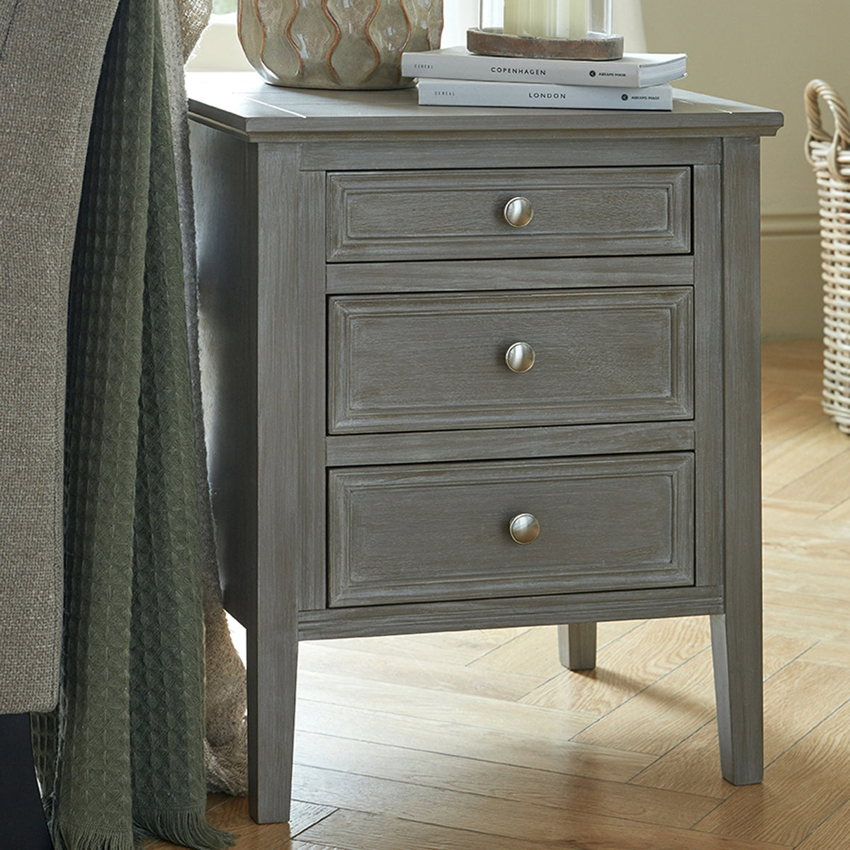 The Serene Collection Three Drawer Bedside Table - GREY