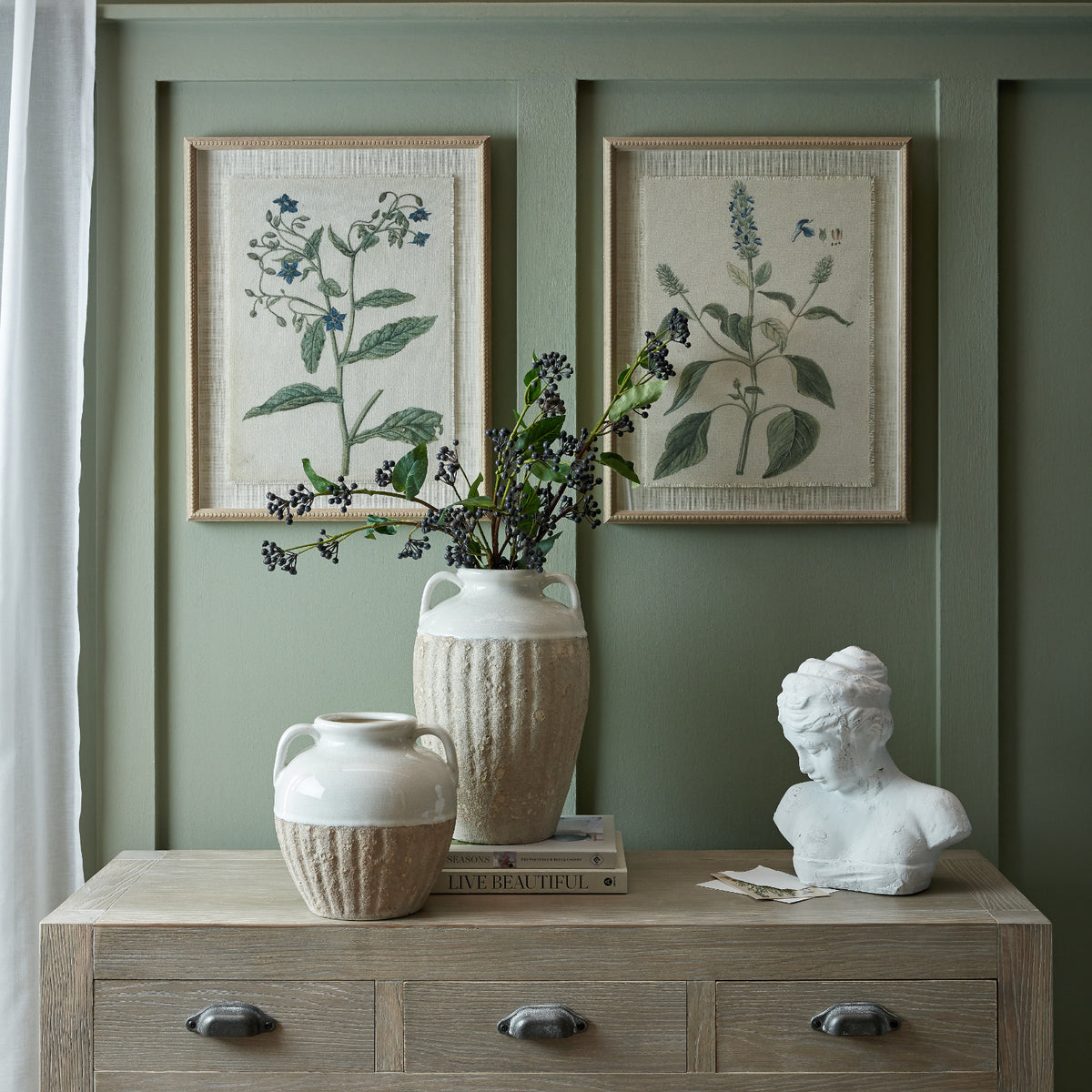 Flora & Fauna Collection Salvia On Linen In Beaded Frame - BROWN