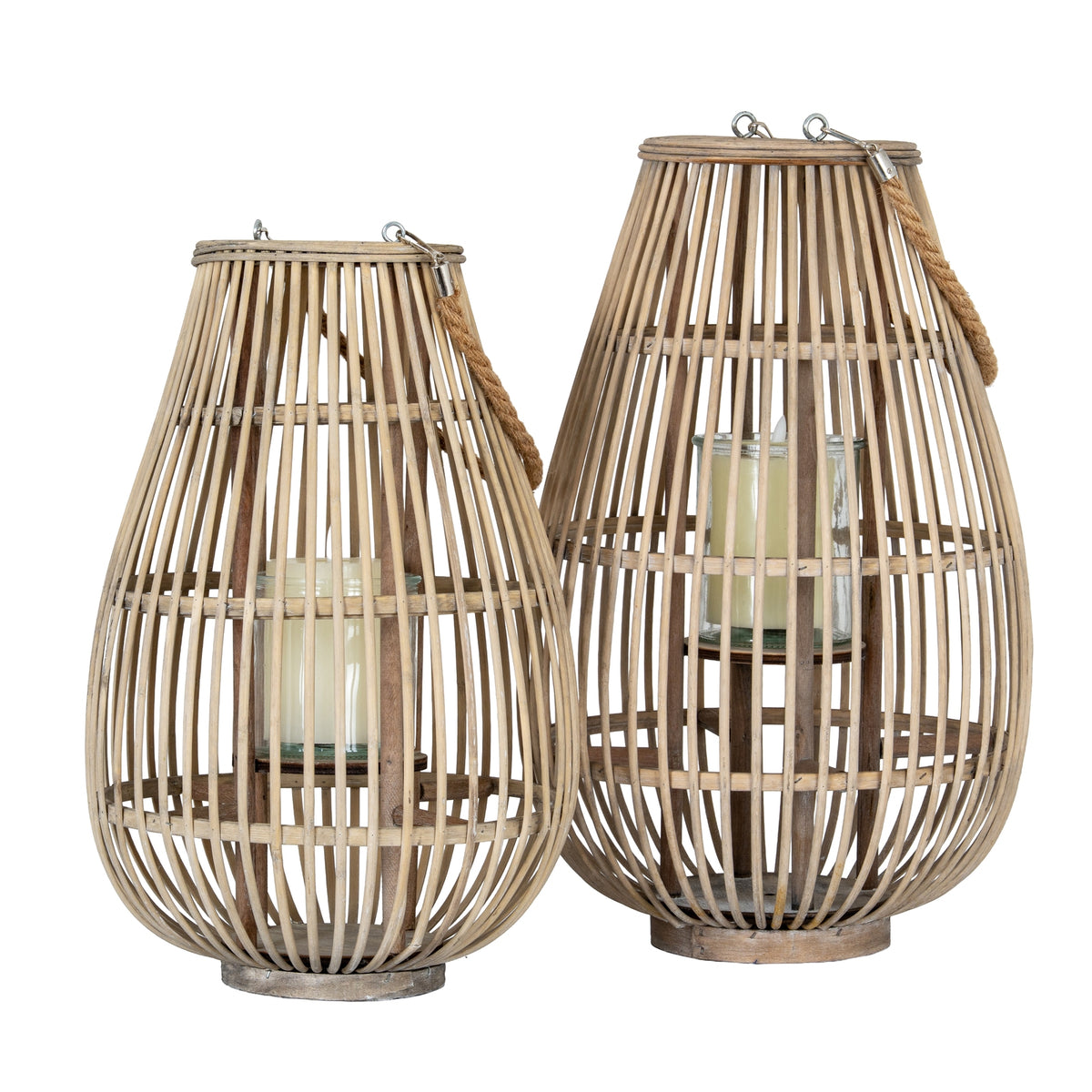 Large Ellipse Wicker Lantern With Glass Holder - BROWN
