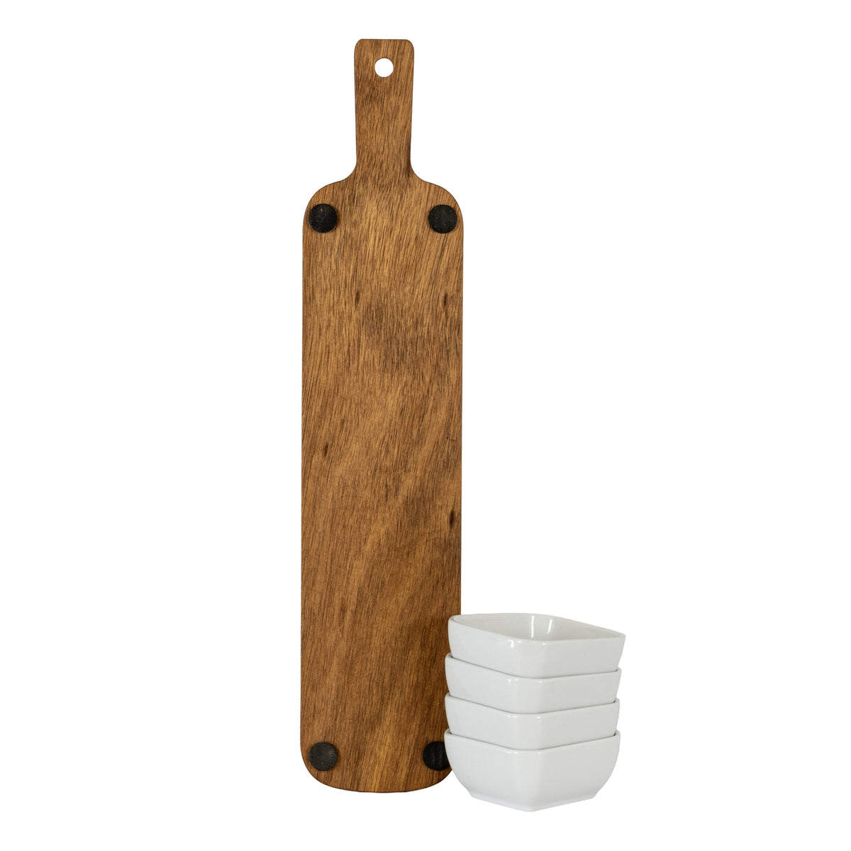 Acacia Serving Board including Four Ceramic Serving Bowls - BROWN