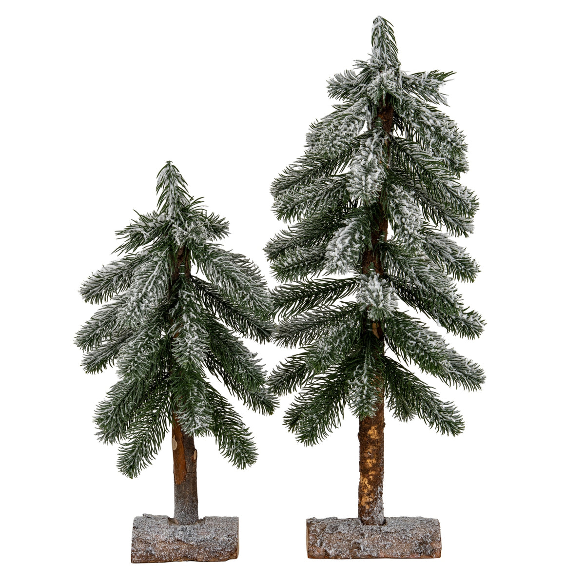 Medium Snowy Pine Tree On Wooden Stand - GREEN
