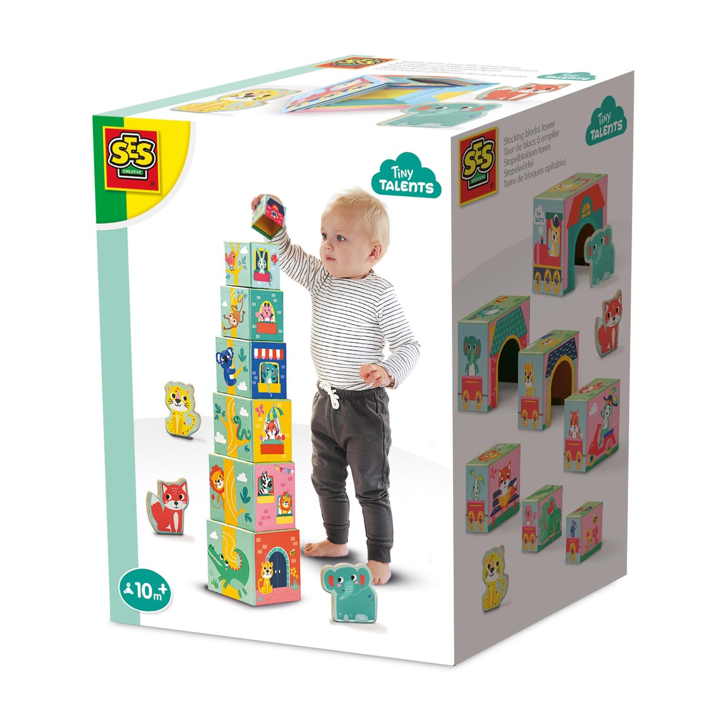 Stacking blocks tower with animal figures
