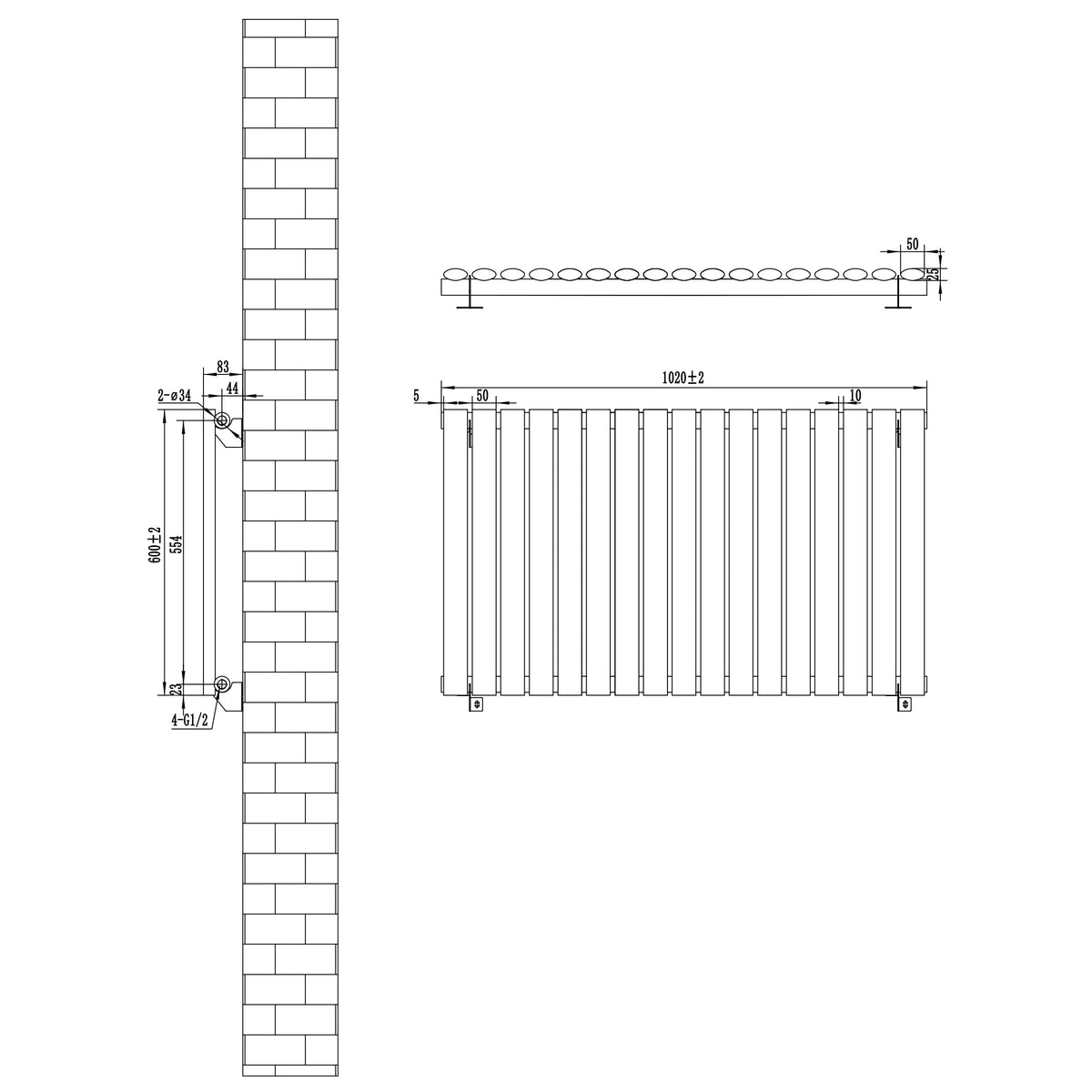 Oval Single Column Radiator & Valves – 600mm x 1020mm – Anthracite Grey