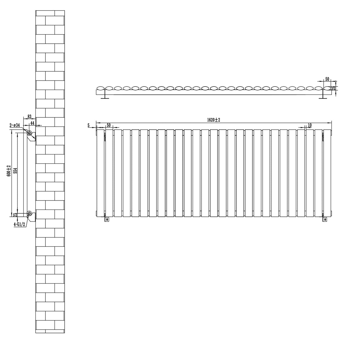 Oval Single Column Radiator & Valves – 600mm x 1620mm – Black
