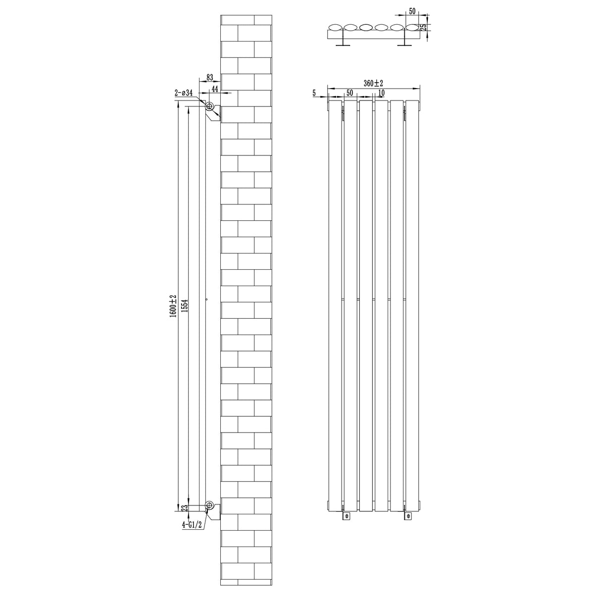 Oval Single Column Radiator & Valves – 1600mm x 360mm – Anthracite Grey