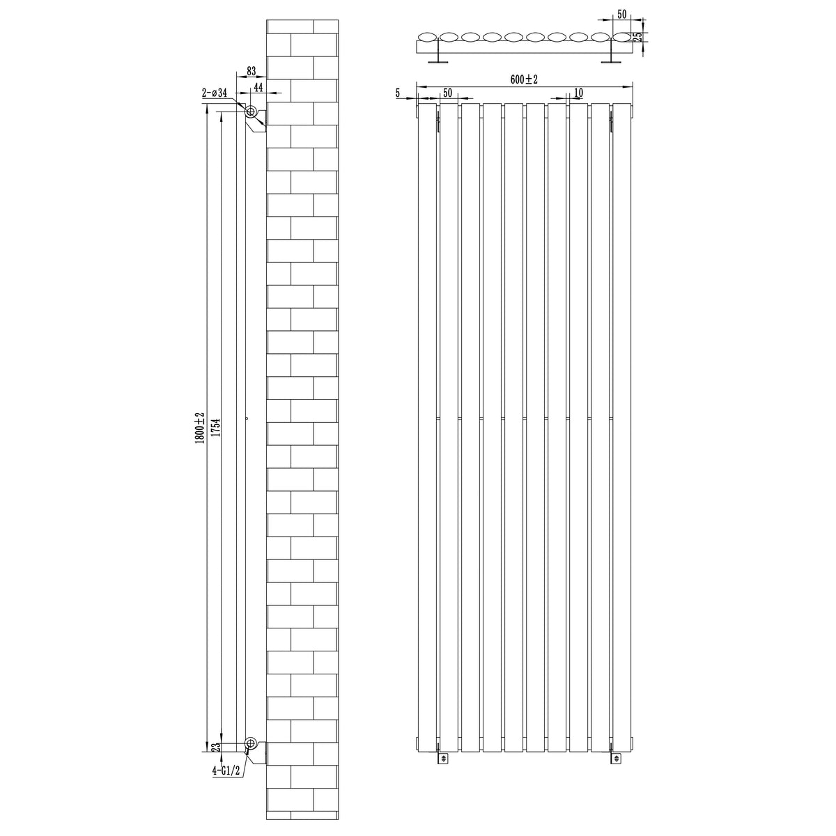 Oval Single Column Radiator & Valves – 1800mm x 600mm – Black