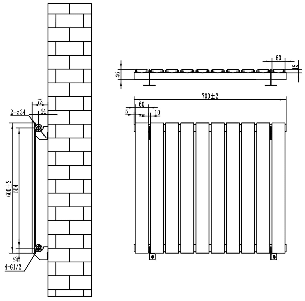 Flat Single Column Radiator & Valves – 600mm x 700mm – Black