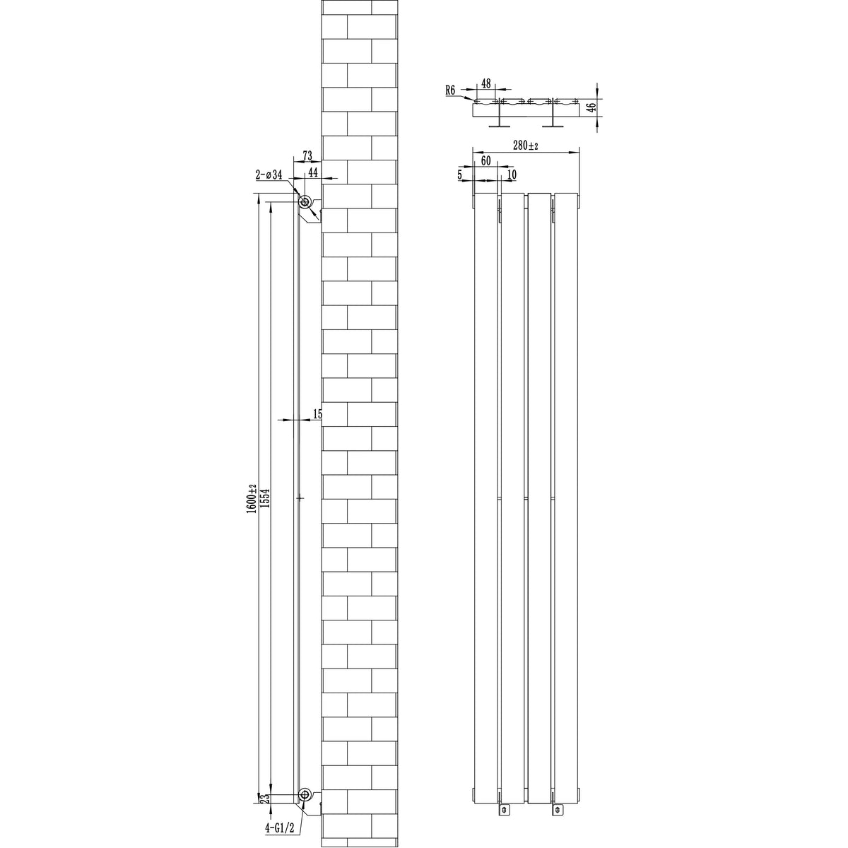 Flat Single Column Radiator & Valves – 1600mm x 280mm – Anthracite Grey