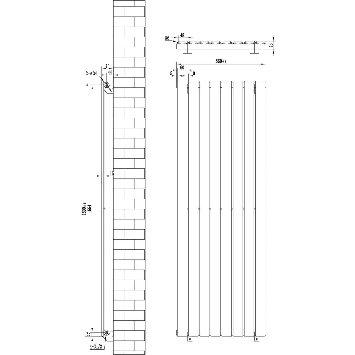 Flat Single Column Radiator & Valves – 1600mm x 560mm – Anthracite Grey