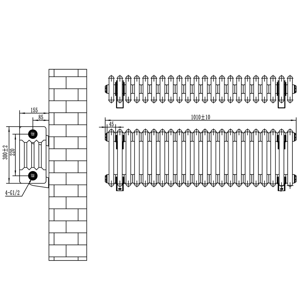 Traditional 4 Column Radiator & Valves - 300 x 1010mm - Black