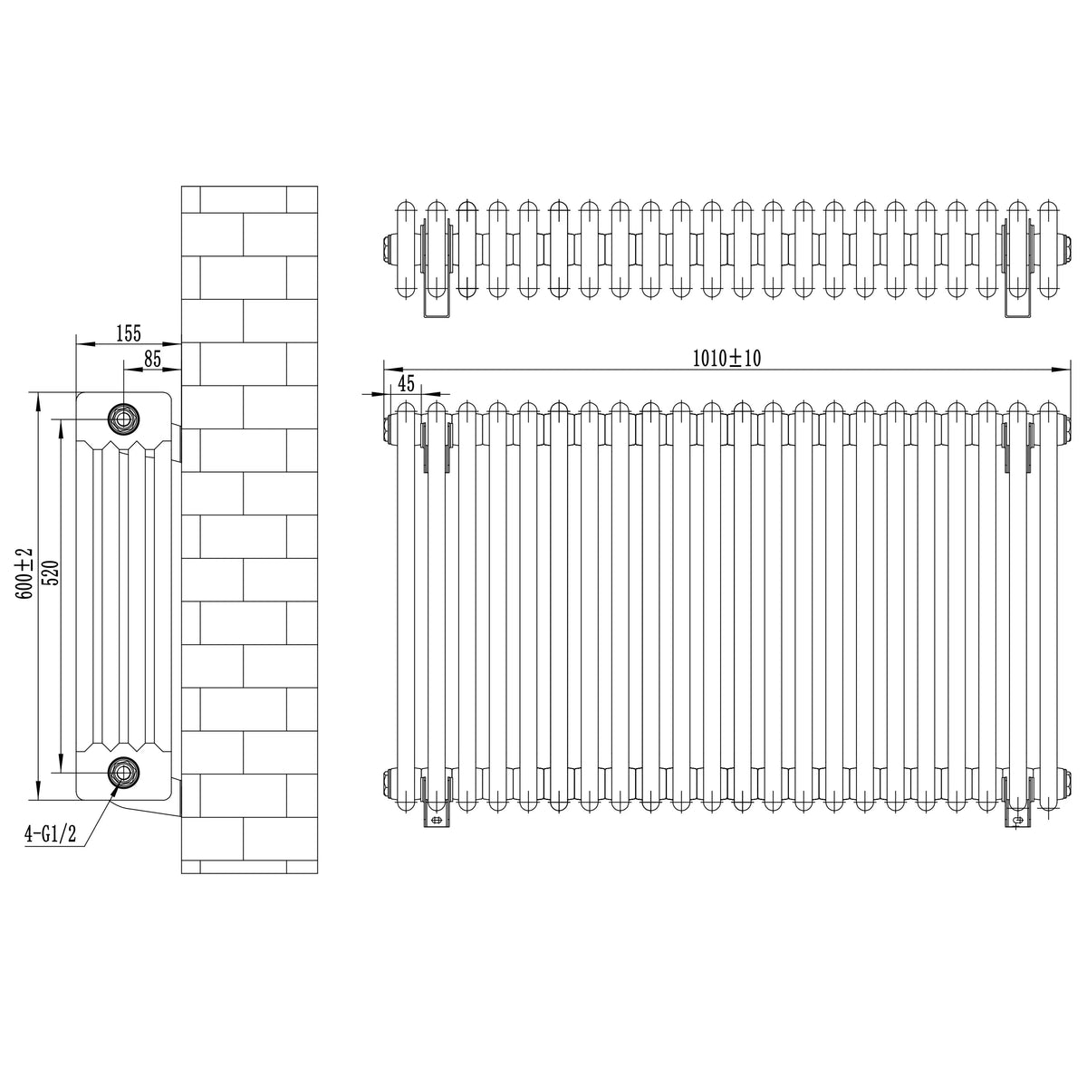 Traditional 4 Column Radiator & Valves - 600 x 1010mm - Black