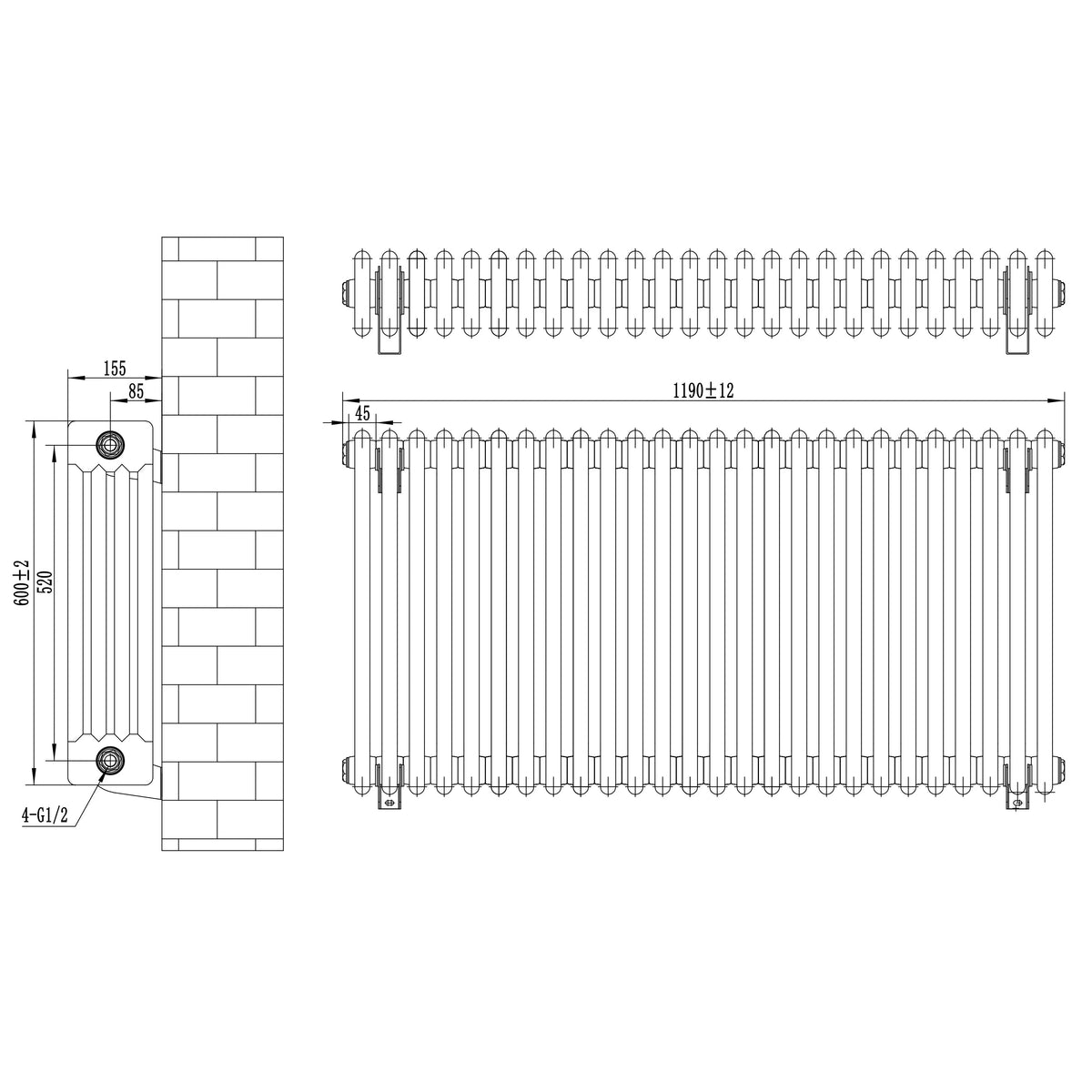Traditional 4 Column Radiator & Valves - 600 x 1190mm - White