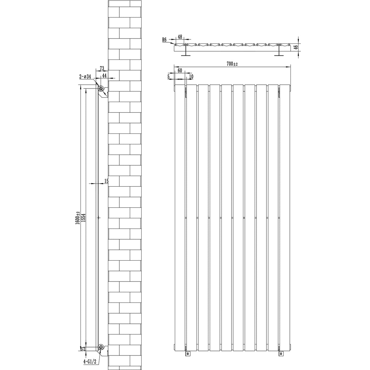 Flat Single Column Radiator - 1600 x 700mm - Anthracite Grey