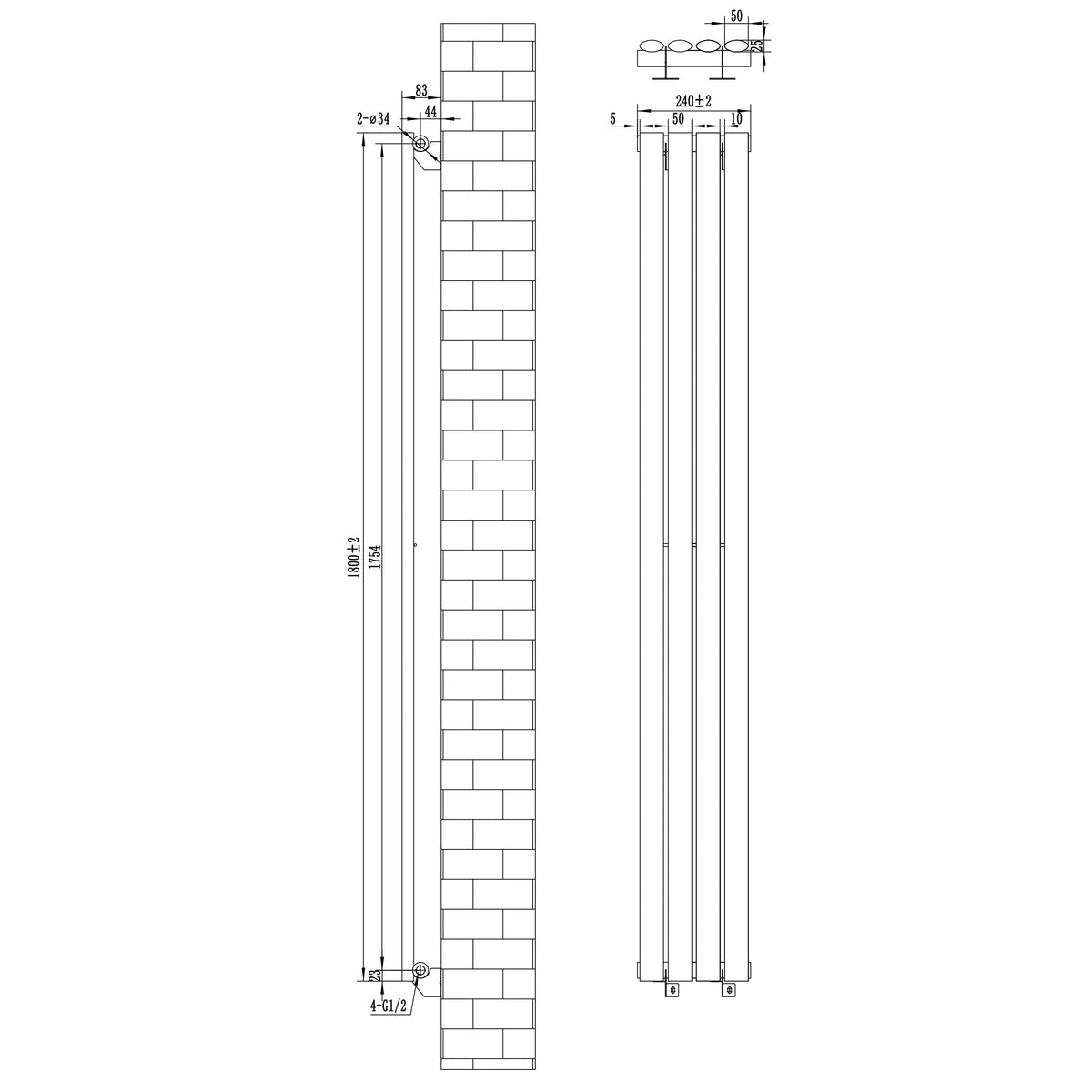 Oval Single Column Radiator - 1800 x 240mm - Anthracite Grey