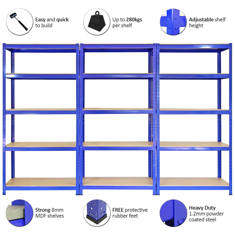 3 x Monster Racking T-Rax Metal Storage Shelves, Blue, 90cm W, 45cm D - 144088