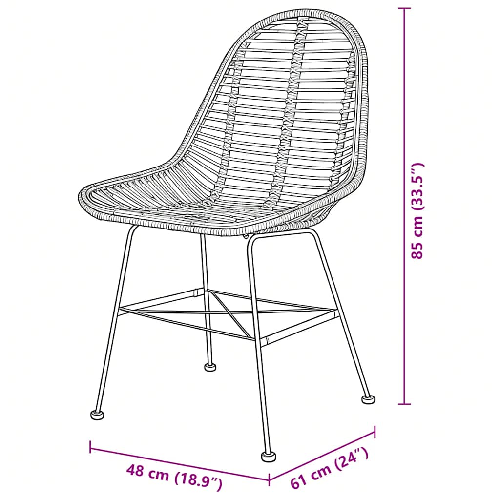 vidaXL Dining Chairs 2 pcs Black Natural Rattan - 48 x 61 x 85 cm