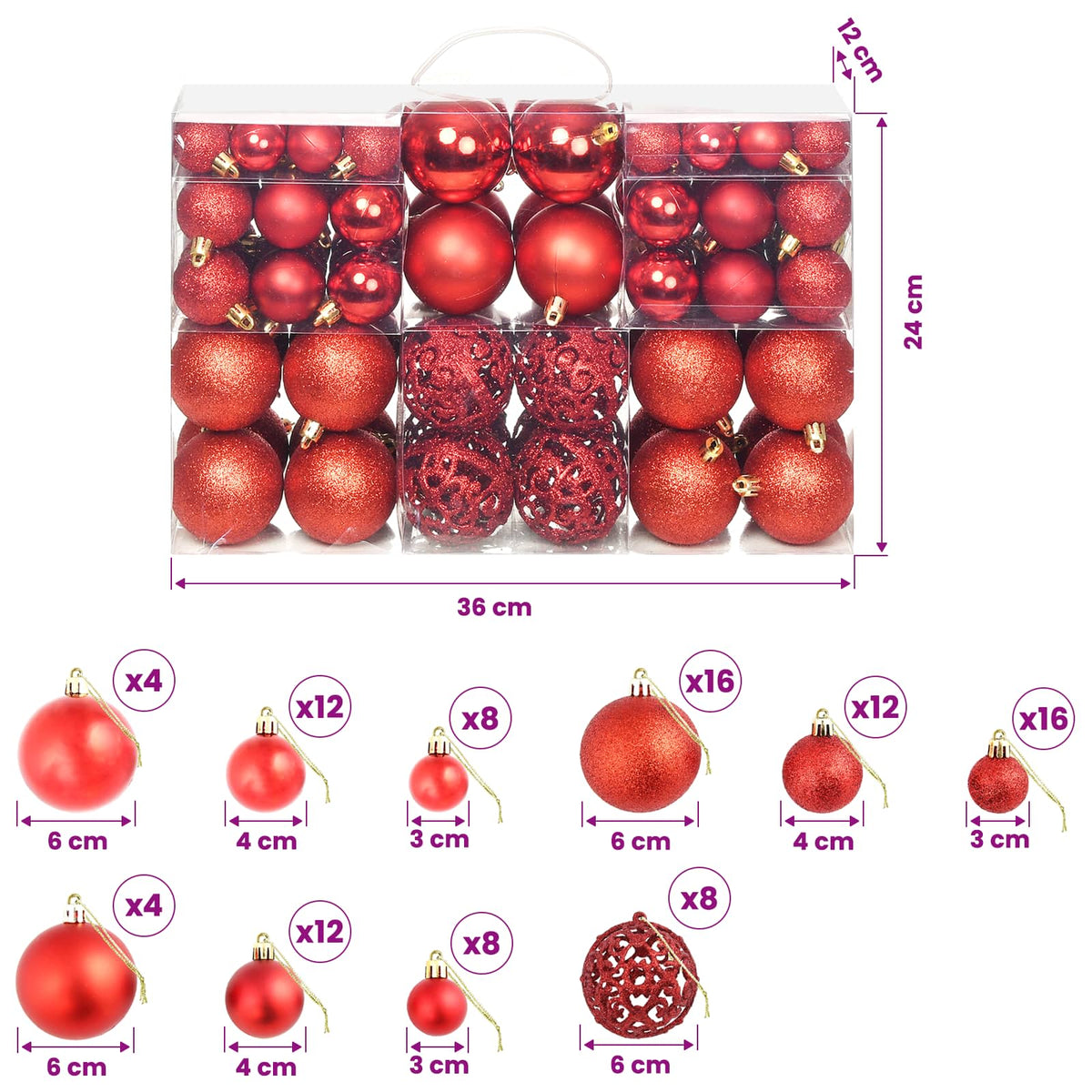 245710 vidaXL 100 Piece Christmas Ball Set 3/4/6 cm Red - 6 x 6 x 6 cm