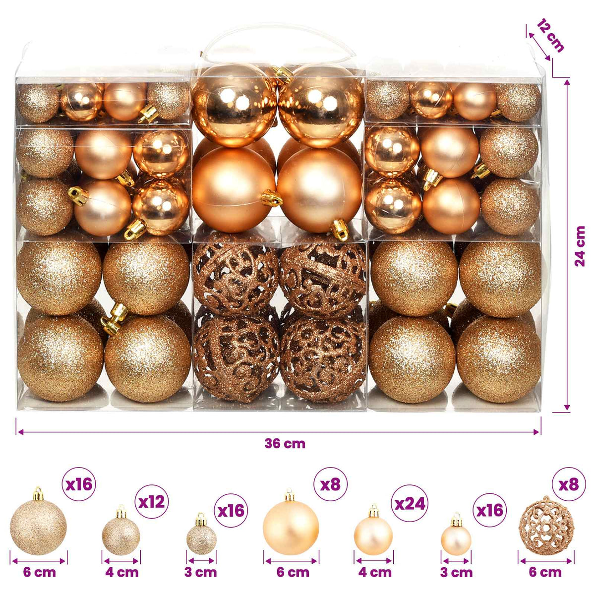 245716 vidaXL 100 Piece Christmas Ball Set 3/4/6 cm Rose/Gold - Multicolour - 6 x 6 x 6 cm