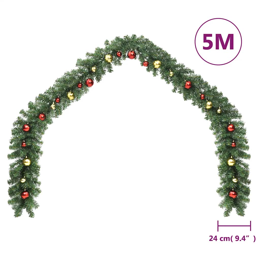 246406 vidaXL Christmas Garland Decorated with Baubles and LED Lights 5 m - Gre - 500 x 24 x 24 cm