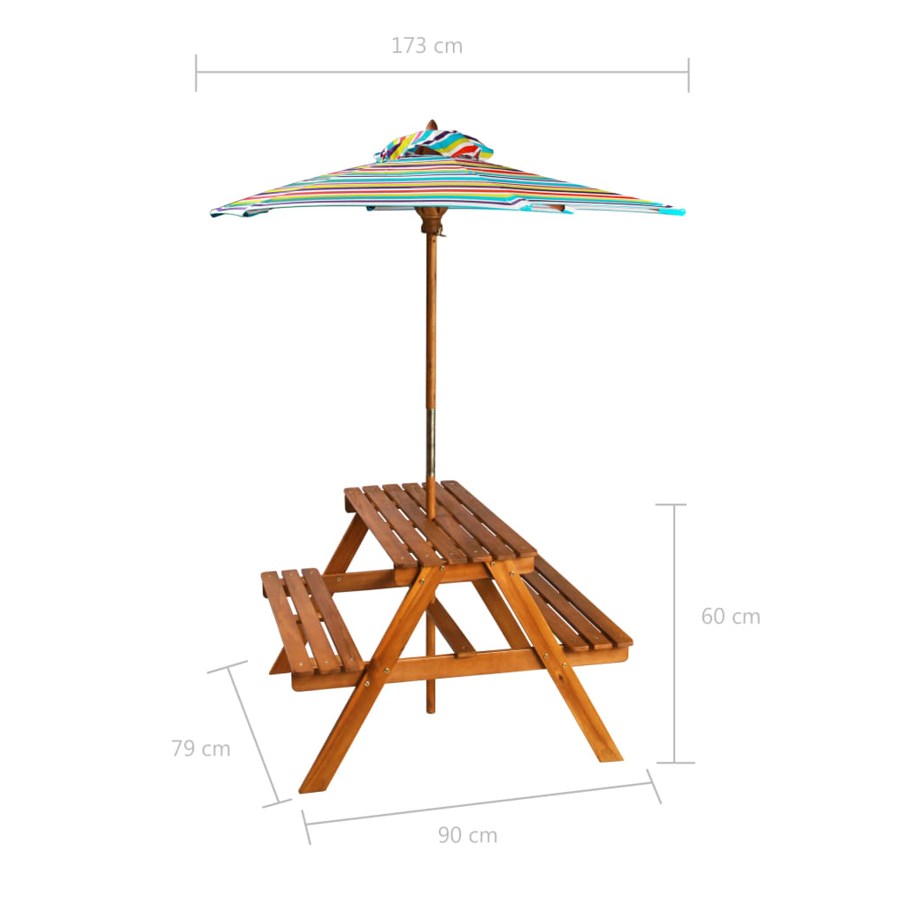 vidaXL Kids Picnic Table with Parasol 79x90x60 cm Solid Acacia Wood - Brown