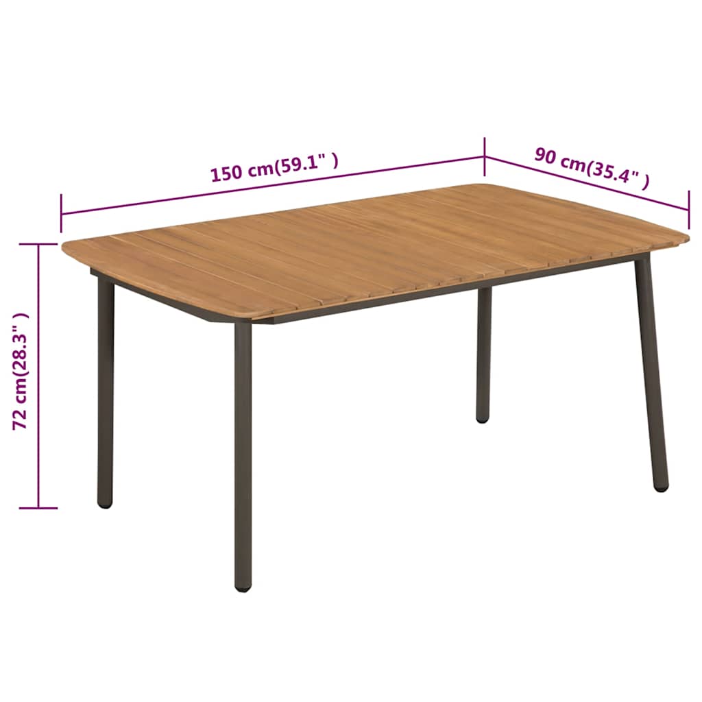 vidaXL Garden Table 150x90x72cm Solid Acacia Wood and Steel - Brown - 150 x 90 x 72 cm