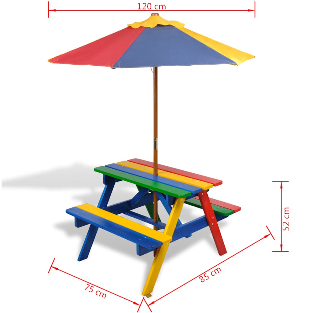 vidaXL Kids' Picnic Table with Benches and Parasol Multicolour Wood