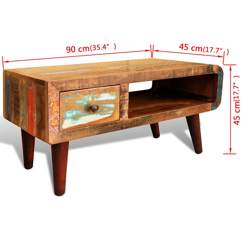 vidaXL Coffee Table with Curved Edge 1 Drawer Reclaimed Wood - Brown - 90 x 45 x 45 cm