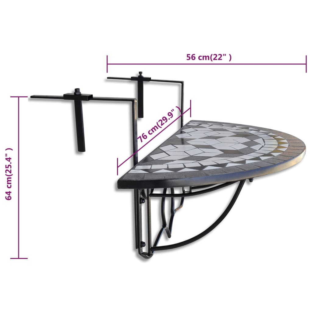 vidaXL Hanging Balcony Table Black and White Mosaic - Multicolour - 76 x 56 x 64 cm