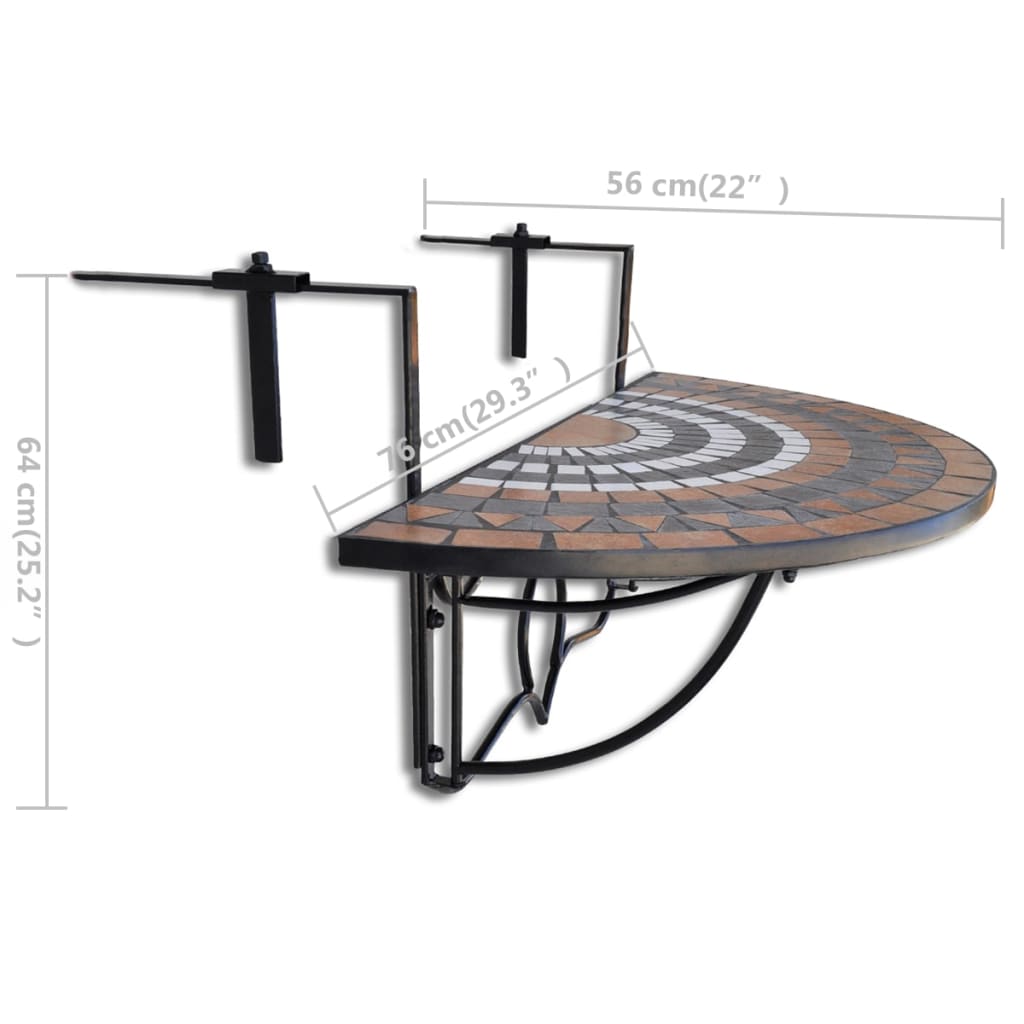 vidaXL Hanging Balcony Table Terracotta and White Mosaic - Brown - 76 x 56 x 64 cm