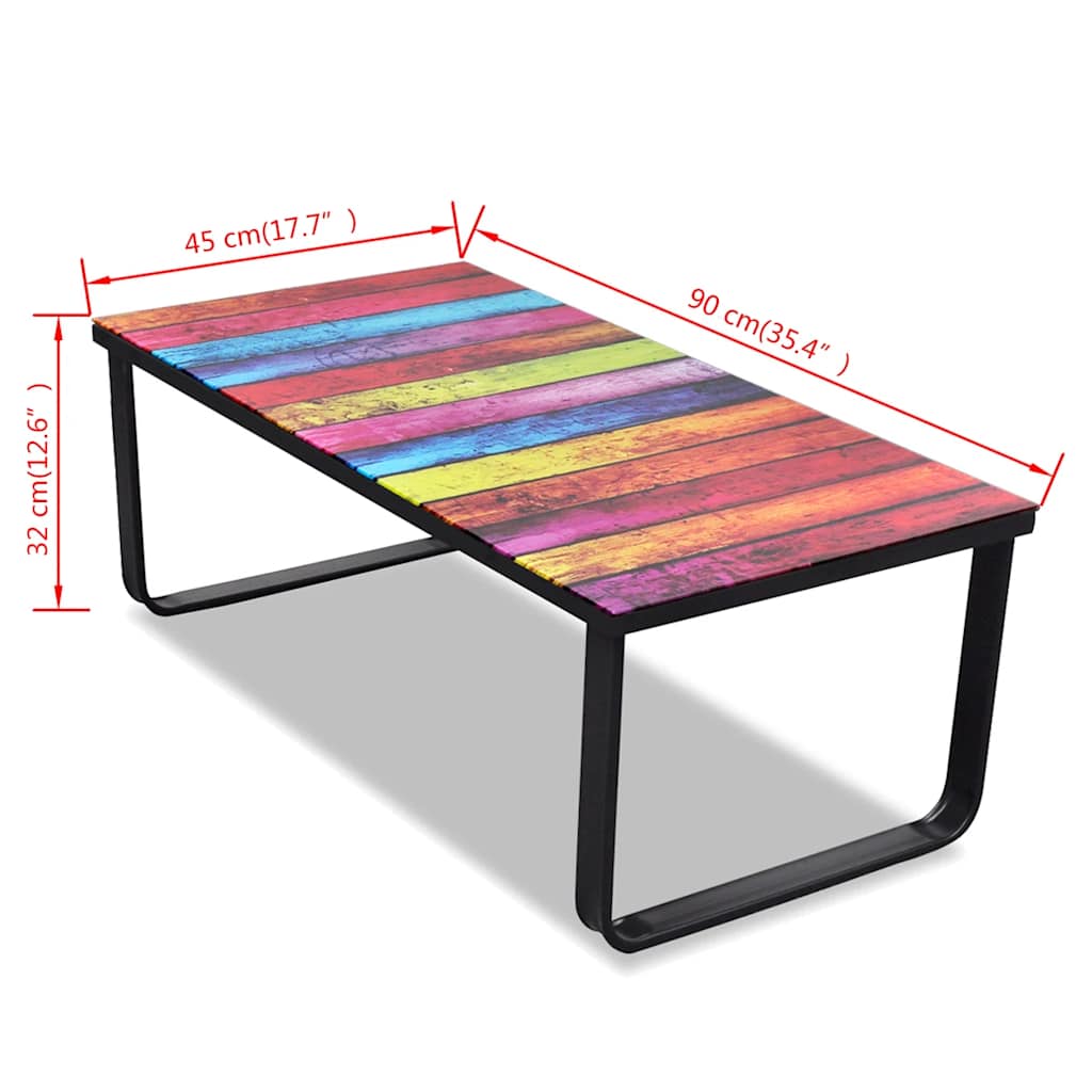 vidaXL Coffee Table with Rainbow Printing Glass Top - Multicolour - 90 x 45 x 32 cm