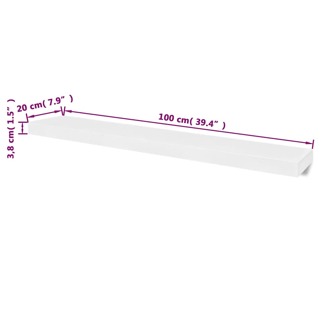 vidaXL 2 White MDF Floating Wall Display Shelves Book/DVD Storage - 100 x 20 x 3.8 cm