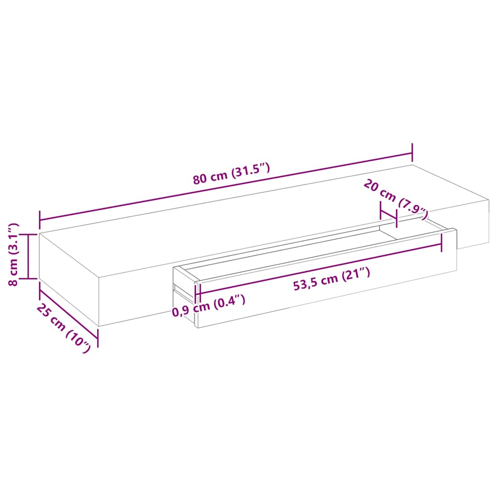 242188 White MDF Floating Wall Display Shelf 1 Drawer Book/DVD Storage - 80 x 25 x 8 cm