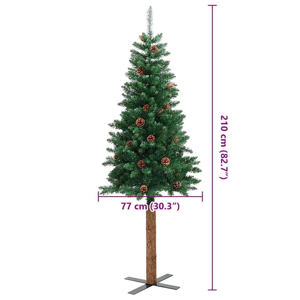 vidaXL Slim Christmas Tree with Real Wood and Cones Green 210 cm PVC - 210 x 77 cm
