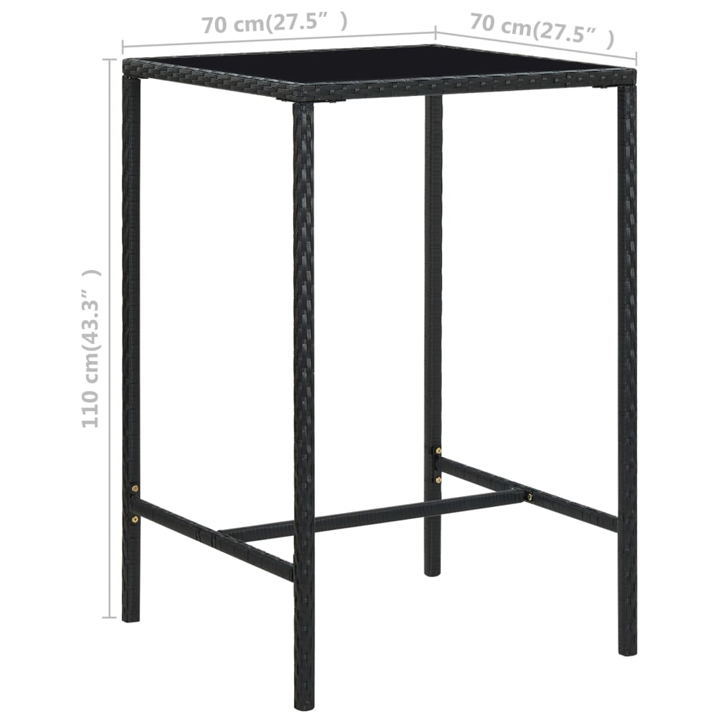 vidaXL Garden Bar Table Black 70x70x110 cm Poly Rattan and Glass