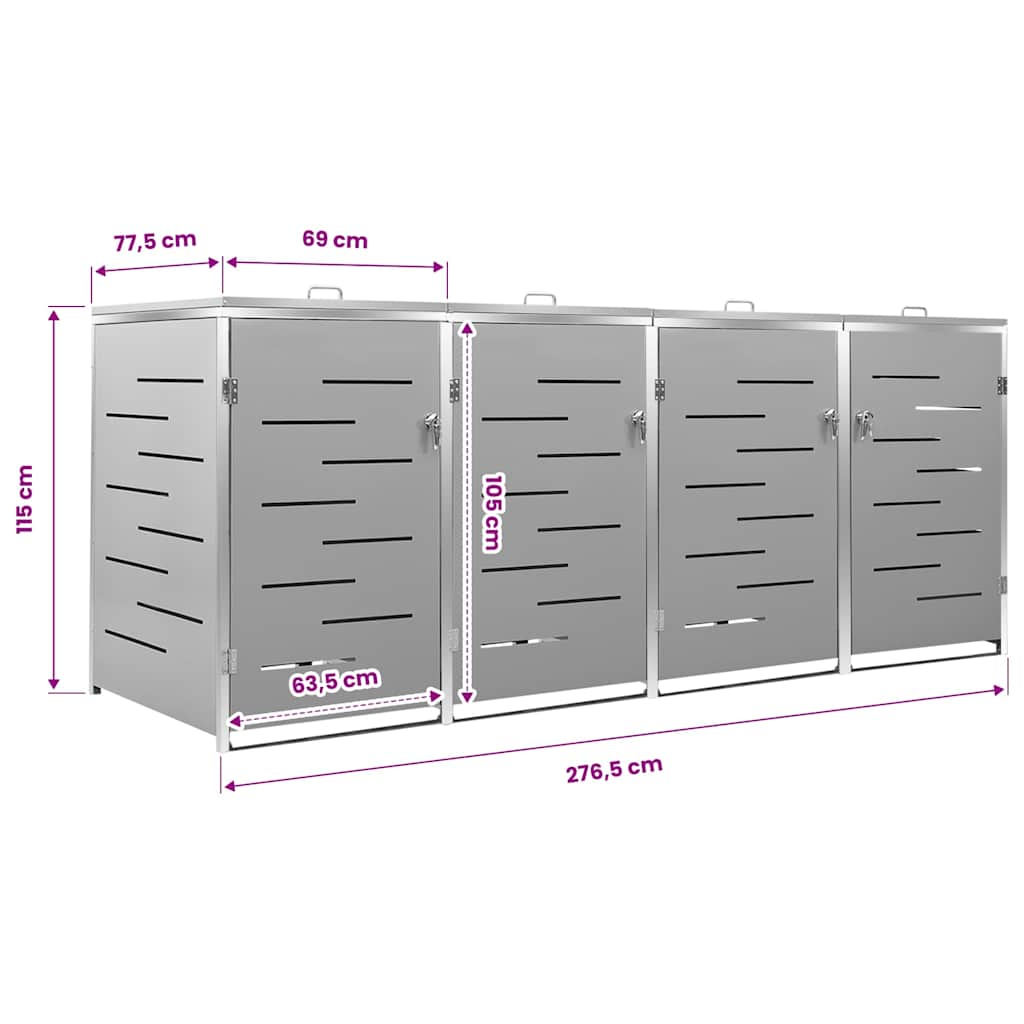 vidaXL Quadruple Wheelie Bin Shed 276.5x77.5x115 cm Stainless Steel - Grey - 276.5 x 77.5 x 112.5 cm