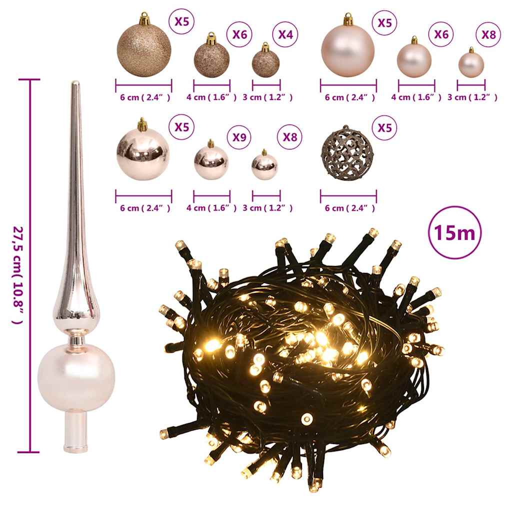 vidaXL 60 Piece Christmas Ball Set with Peak and 150 LEDs Rose Gold - Rose and gold