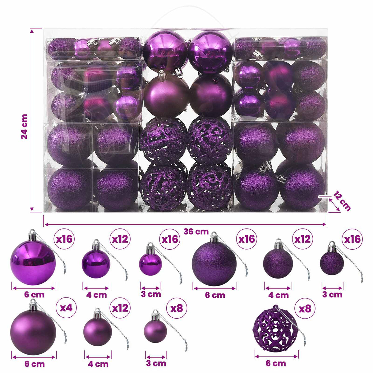 330086 vidaXL 100 Piece Christmas Ball Set Purple - 6 x 6 x 6 cm