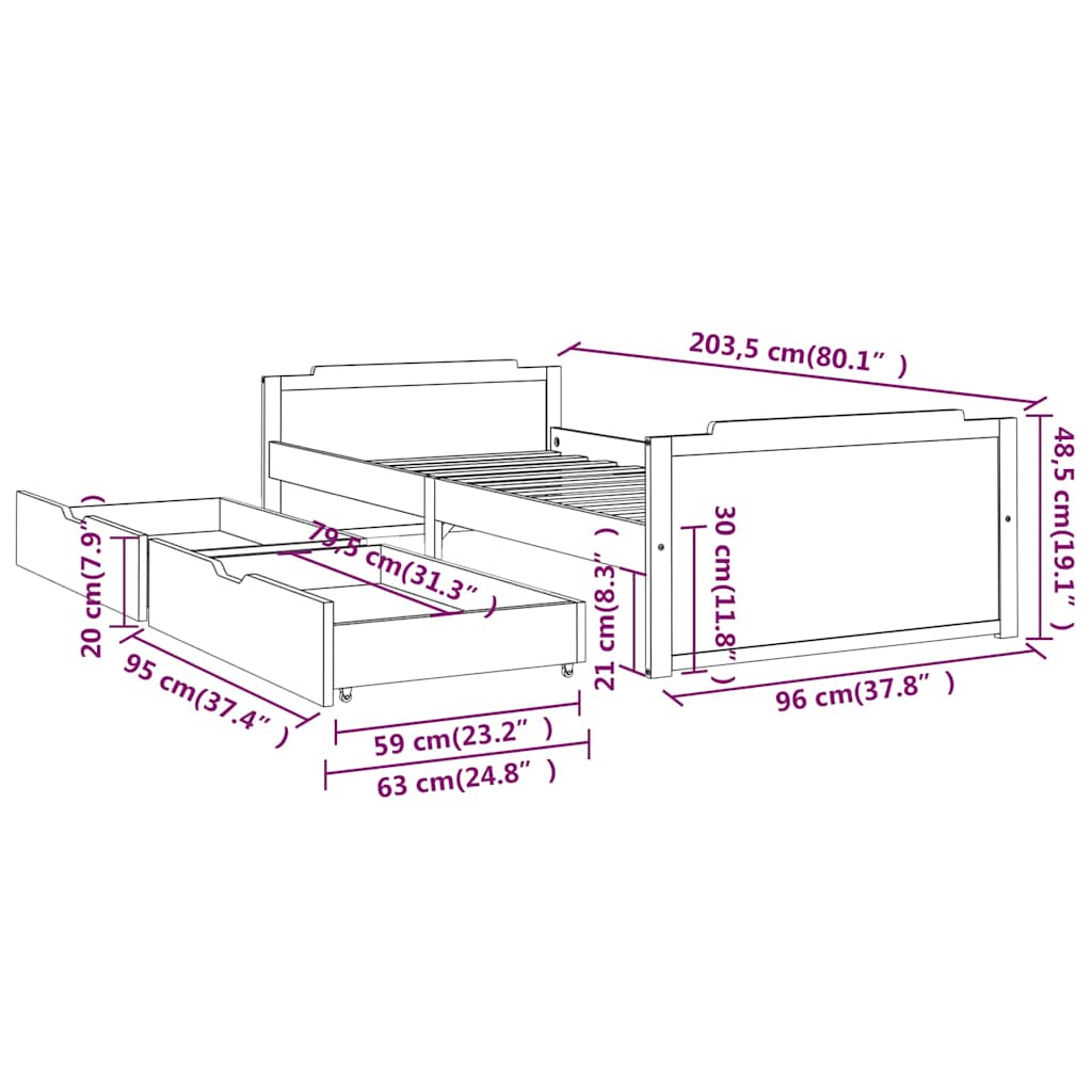 vidaXL Bed Frame without Mattress Solid Wood Pine 90x200 cm - Brown - 203.5 x 96 x 48.5 cm