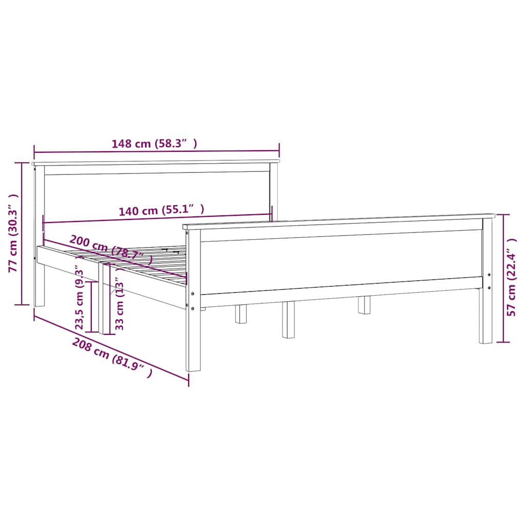 vidaXL Bed Frame without Mattress Solid Wood Pine 140x200 cm - Brown - 208 x 148 x 77 cm