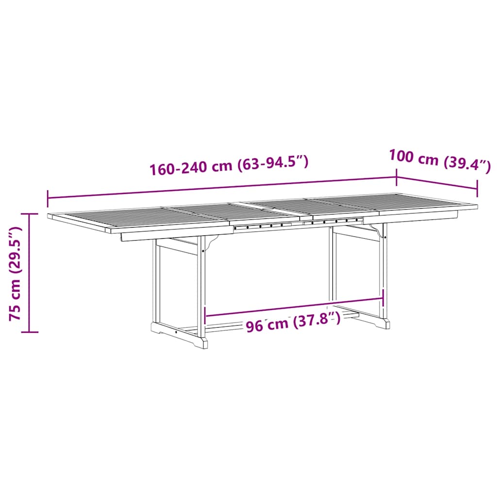 vidaXL Garden Dining Table (160-240)x100x75 cm Solid Acacia Wood - Grey - 240 x 100 x 75 cm - 23958