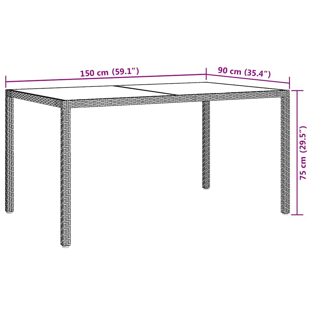 vidaXL Garden Table 150x90x75 cm Tempered Glass and Poly Rattan Brown