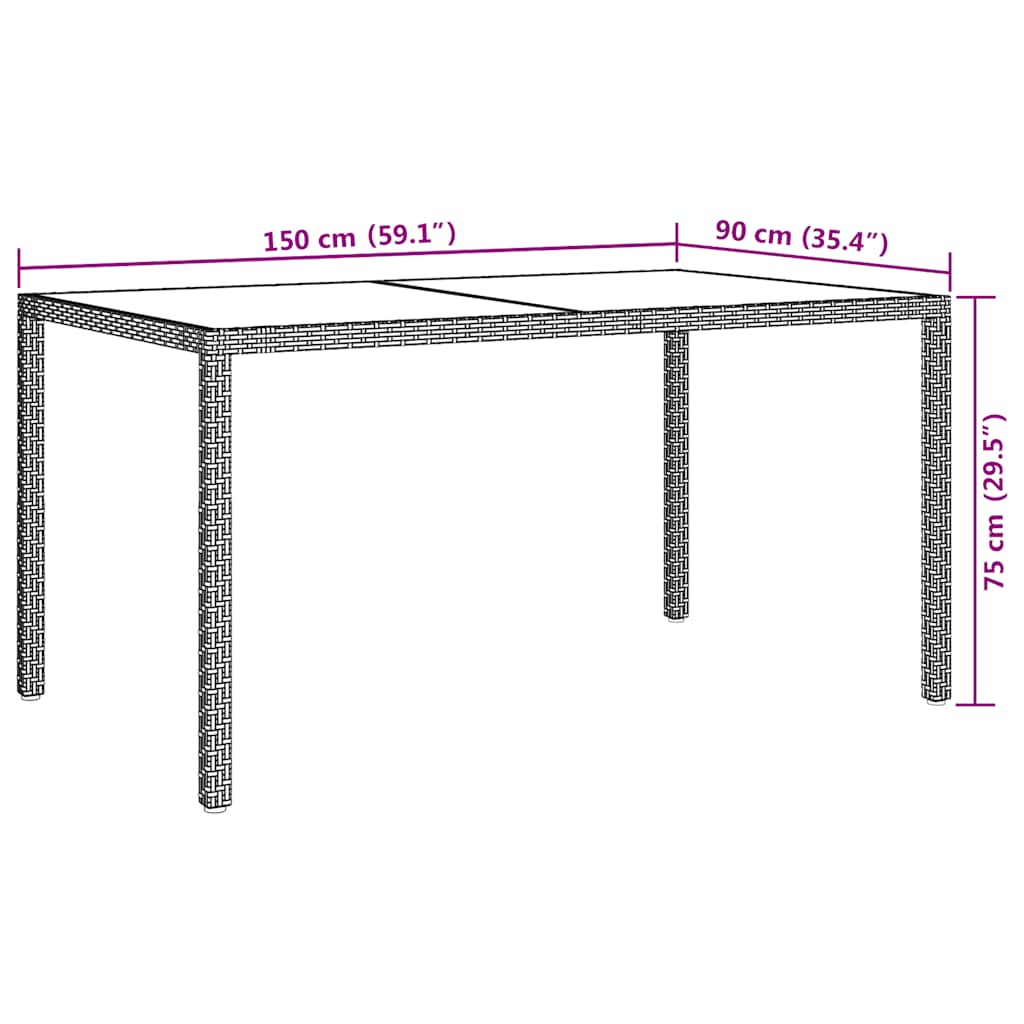 vidaXL Garden Table | Grey | Poly rattan, tempered glass, powder-coated steel - 150 x 90 x 75 cm