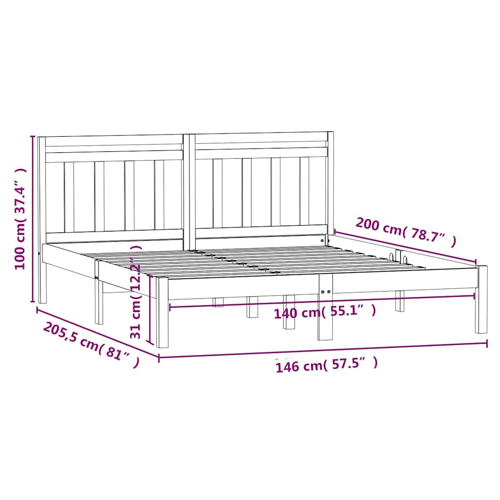 vidaXL Bed Frame without Mattress Solid Wood 140x200 cm - Brown - 205.5 x 146 x 100 cm
