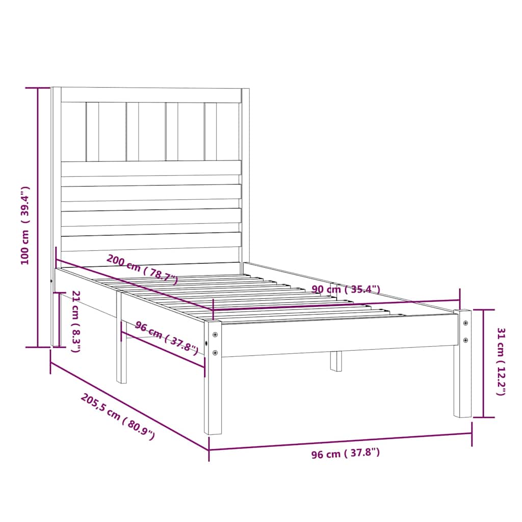vidaXL Bed Frame without Mattress Solid Wood Pine 90x200 cm - Brown - 205.5 x 96 x 100 cm