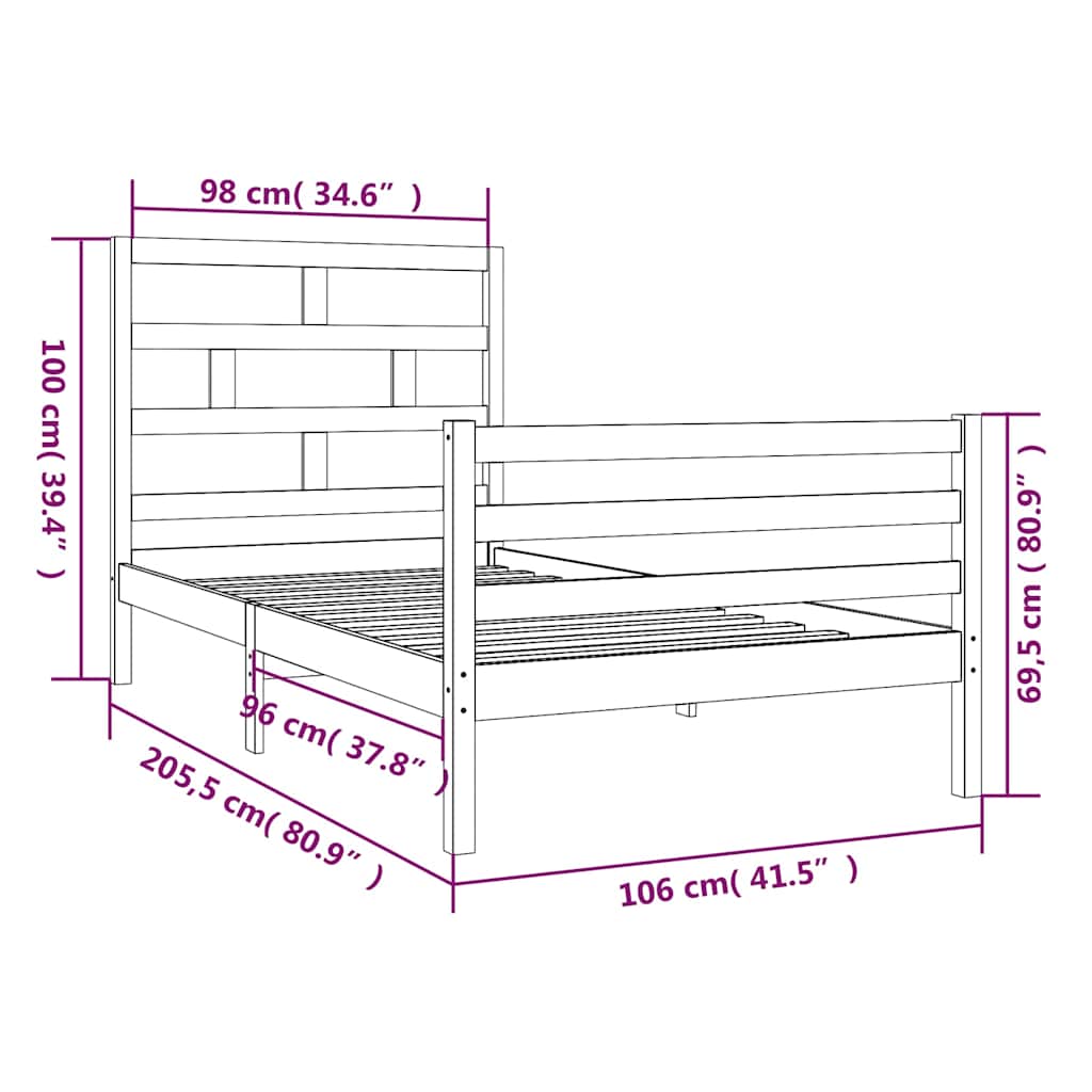 vidaXL Bed Frame without Mattress Solid Wood 100x200 cm - Brown - 205.5 x 106 x 100 cm - 64710
