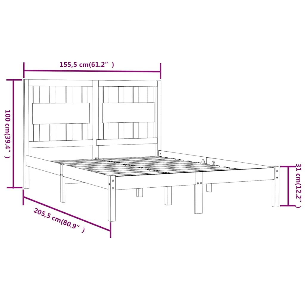 vidaXL Bed Frame without Mattress Solid Wood Pine King Size - Brown - 205.5 x 155.5 x 31 cm