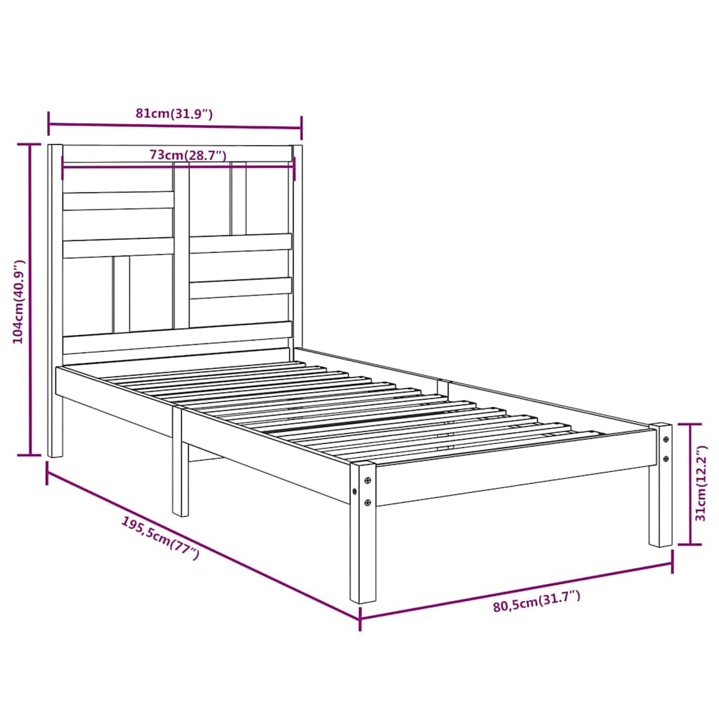 vidaXL Bed Frame without Mattress Solid Wood 75x190 cm - Brown - 195.5 x 81 x 104 cm