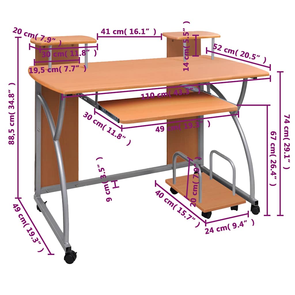 vidaXL Computer Desk Brown 110x52x88.5 cm Engineered Wood