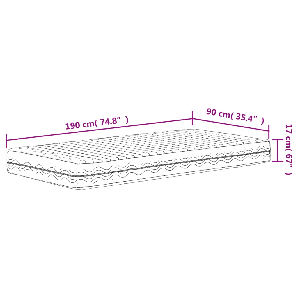 vidaXL Foam Mattress White 90x190 cm Hardness H2 H3 - 190 x 90 x 17 cm