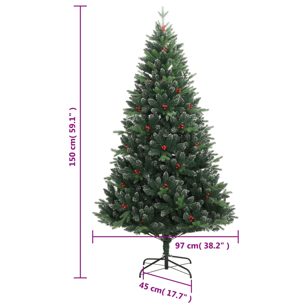 vidaXL Artificial Hinged Christmas Tree with Red Berries 150 cm - Green